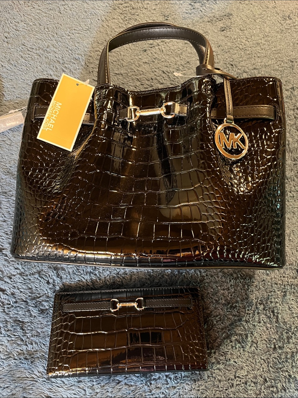 Michael Kors Black Croc-Embossed Patent Tote with Matching Wallet Set